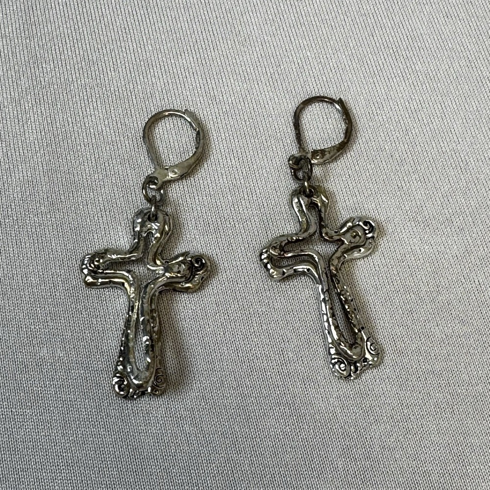 Silver Tone Double Cross Dangle Earrings
